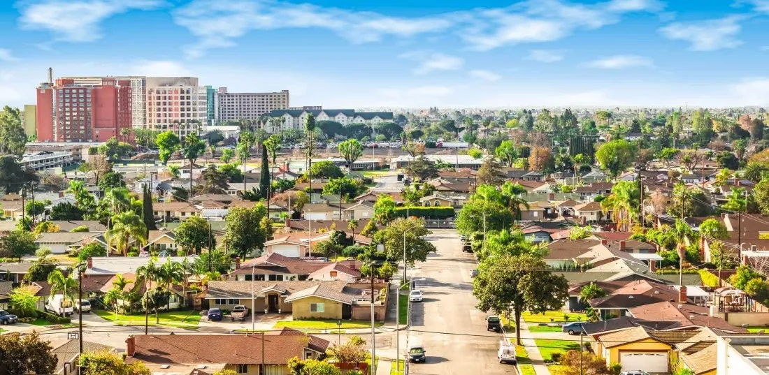 Anaheim residential neighborhood and rooftops in north Orange County