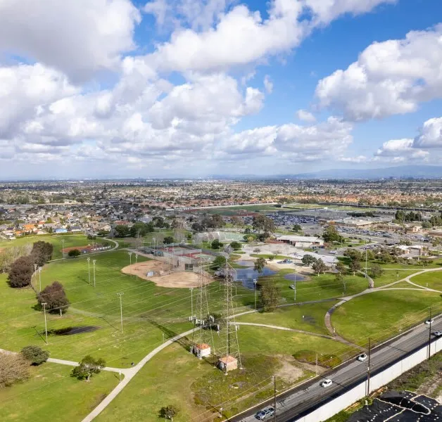 Huntington Beach aerial view of residential neighborhoods near the coast