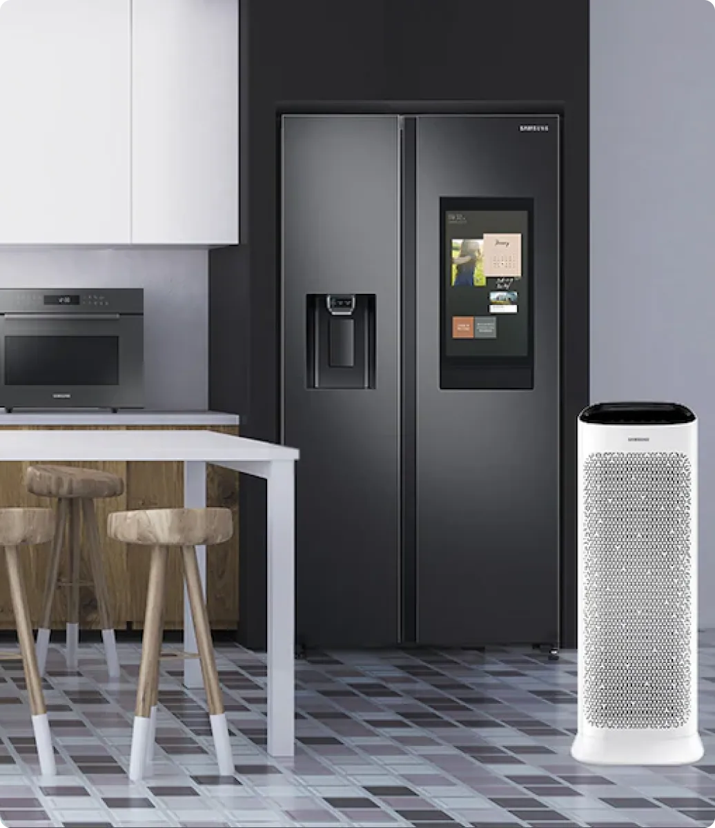 Samsung Family Hub smart refrigerator and matching washer dryer pair in an Orange County home